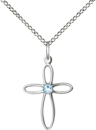 [1707SS-STN3/18SS] Sterling Silver Loop Cross Pendant with a 3mm Aqua Swarovski stone on a 18 inch Sterling Silver Light Curb chain