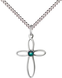 [1707SS-STN5/18S] Sterling Silver Loop Cross Pendant with a 3mm Emerald Swarovski stone on a 18 inch Light Rhodium Light Curb chain