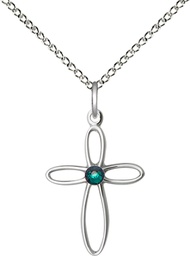 [1707SS-STN5/18SS] Sterling Silver Loop Cross Pendant with a 3mm Emerald Swarovski stone on a 18 inch Sterling Silver Light Curb chain