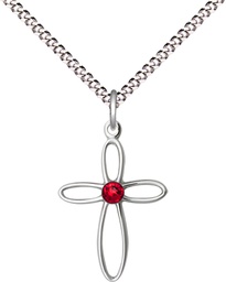 [1707SS-STN7/18S] Sterling Silver Loop Cross Pendant with a 3mm Ruby Swarovski stone on a 18 inch Light Rhodium Light Curb chain