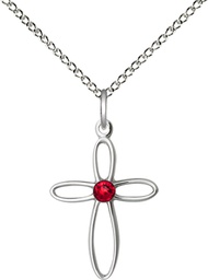 [1707SS-STN7/18SS] Sterling Silver Loop Cross Pendant with a 3mm Ruby Swarovski stone on a 18 inch Sterling Silver Light Curb chain