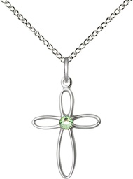 [1707SS-STN8/18SS] Sterling Silver Loop Cross Pendant with a 3mm Peridot Swarovski stone on a 18 inch Sterling Silver Light Curb chain