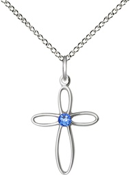 [1707SS-STN9/18SS] Sterling Silver Loop Cross Pendant with a 3mm Sapphire Swarovski stone on a 18 inch Sterling Silver Light Curb chain