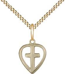 [1709GF/18G] 14kt Gold Filled Heart Cross Pendant on a 18 inch Gold Plate Light Curb chain