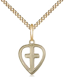 [1709GF/18G] 14kt Gold Filled Heart Cross Pendant on a 18 inch Gold Plate Light Curb chain
