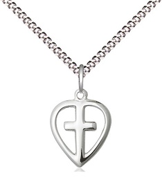 [1709SS/18S] Sterling Silver Heart Cross Pendant on a 18 inch Light Rhodium Light Curb chain