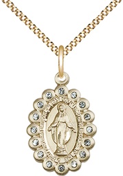 [2009AGF/18G] 14kt Gold Filled Miraculous Pendant with Aqua Swarovski stones on a 18 inch Gold Plate Light Curb chain