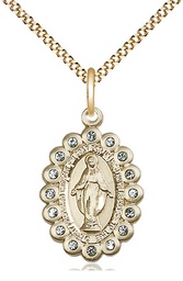 [2009AGF/18G] 14kt Gold Filled Miraculous Pendant with Aqua Swarovski stones on a 18 inch Gold Plate Light Curb chain