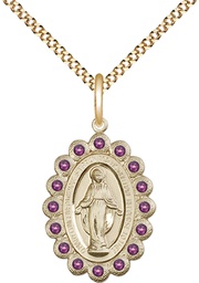 [2009AMGF/18G] 14kt Gold Filled Miraculous Pendant with Amethyst Swarovski stones on a 18 inch Gold Plate Light Curb chain