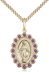 [2009AMGF/18G] 14kt Gold Filled Miraculous Pendant with Amethyst Swarovski stones on a 18 inch Gold Plate Light Curb chain