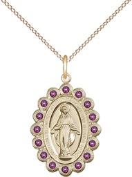 [2009AMGF/18GF] 14kt Gold Filled Miraculous Pendant with Amethyst Swarovski stones on a 18 inch Gold Filled Light Curb chain