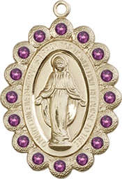 [2009AMKT] 14kt Gold Miraculous Medal with Amethyst Swarovski stones