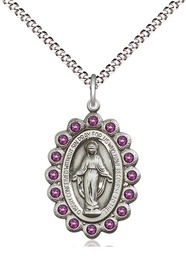 [2009AMSS/18S] Sterling Silver Miraculous Pendant with Amethyst Swarovski stones on a 18 inch Light Rhodium Light Curb chain
