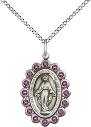 [2009AMSS/18SS] Sterling Silver Miraculous Pendant with Amethyst Swarovski stones on a 18 inch Sterling Silver Light Curb chain