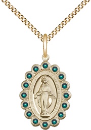 [2009EMGF/18G] 14kt Gold Filled Miraculous Pendant with Emerald Swarovski stones on a 18 inch Gold Plate Light Curb chain