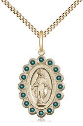 [2009EMGF/18G] 14kt Gold Filled Miraculous Pendant with Emerald Swarovski stones on a 18 inch Gold Plate Light Curb chain