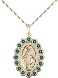 [2009EMGF/18GF] 14kt Gold Filled Miraculous Pendant with Emerald Swarovski stones on a 18 inch Gold Filled Light Curb chain