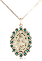 [2009EMGF/18GF] 14kt Gold Filled Miraculous Pendant with Emerald Swarovski stones on a 18 inch Gold Filled Light Curb chain