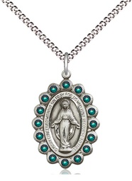 [2009EMSS/18S] Sterling Silver Miraculous Pendant with Emerald Swarovski stones on a 18 inch Light Rhodium Light Curb chain