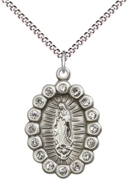 [2009FCSS/18S] Sterling Silver Our Lady of Guadalupe Pendant with Crystal Swarovski stones on a 18 inch Light Rhodium Light Curb chain