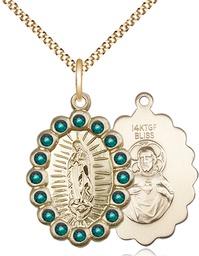 [2009FEMGF/18G] 14kt Gold Filled Our Lady of Guadalupe Pendant with Emerald Swarovski stones on a 18 inch Gold Plate Light Curb chain