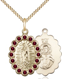 [2009FGTGF/18G] 14kt Gold Filled Our Lady of Guadalupe Pendant with Garnet Swarovski stones on a 18 inch Gold Plate Light Curb chain