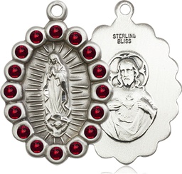 [2009FGTSS] Sterling Silver Our Lady of Guadalupe Medal with Garnet Swarovski stones