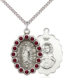 [2009FGTSS/18S] Sterling Silver Our Lady of Guadalupe Pendant with Garnet Swarovski stones on a 18 inch Light Rhodium Light Curb chain