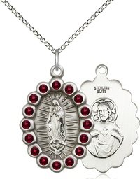 [2009FGTSS/18SS] Sterling Silver Our Lady of Guadalupe Pendant with Garnet Swarovski stones on a 18 inch Sterling Silver Light Curb chain