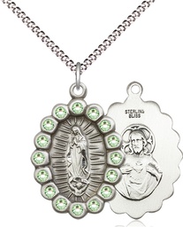 [2009FPDSS/18S] Sterling Silver Our Lady of Guadalupe Pendant with Peridot Swarovski stones on a 18 inch Light Rhodium Light Curb chain