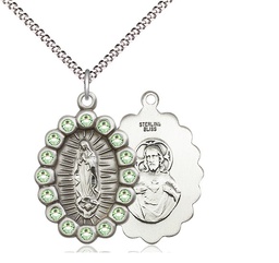 [2009FPDSS/18S] Sterling Silver Our Lady of Guadalupe Pendant with Peridot Swarovski stones on a 18 inch Light Rhodium Light Curb chain