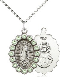 [2009FPDSS/18SS] Sterling Silver Our Lady of Guadalupe Pendant with Peridot Swarovski stones on a 18 inch Sterling Silver Light Curb chain