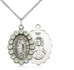 [2009FPDSS/18SS] Sterling Silver Our Lady of Guadalupe Pendant with Peridot Swarovski stones on a 18 inch Sterling Silver Light Curb chain