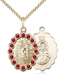 [2009FRBGF/18G] 14kt Gold Filled Our Lady of Guadalupe Pendant with Ruby Swarovski stones on a 18 inch Gold Plate Light Curb chain