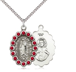 [2009FRBSS/18S] Sterling Silver Our Lady of Guadalupe Pendant with Ruby Swarovski stones on a 18 inch Light Rhodium Light Curb chain