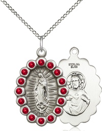 [2009FRBSS/18SS] Sterling Silver Our Lady of Guadalupe Pendant with Ruby Swarovski stones on a 18 inch Sterling Silver Light Curb chain