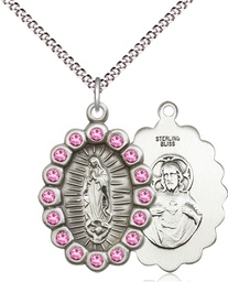 [2009FROSS/18S] Sterling Silver Our Lady of Guadalupe Pendant with Rose Swarovski stones on a 18 inch Light Rhodium Light Curb chain