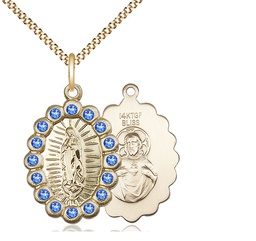 [2009FSAGF/18G] 14kt Gold Filled Our Lady of Guadalupe Pendant with Sapphire Swarovski stones on a 18 inch Gold Plate Light Curb chain