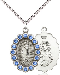 [2009FSASS/18S] Sterling Silver Our Lady of Guadalupe Pendant with Sapphire Swarovski stones on a 18 inch Light Rhodium Light Curb chain