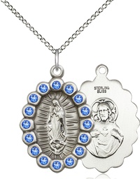 [2009FSASS/18SS] Sterling Silver Our Lady of Guadalupe Pendant with Sapphire Swarovski stones on a 18 inch Sterling Silver Light Curb chain