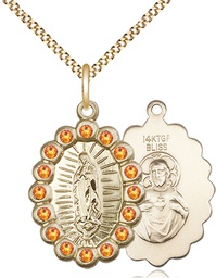 [2009FTPGF/18G] 14kt Gold Filled Our Lady of Guadalupe Pendant with Topaz Swarovski stones on a 18 inch Gold Plate Light Curb chain