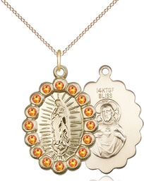 [2009FTPGF/18GF] 14kt Gold Filled Our Lady of Guadalupe Pendant with Topaz Swarovski stones on a 18 inch Gold Filled Light Curb chain