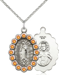 [2009FTPSS/18SS] Sterling Silver Our Lady of Guadalupe Pendant with Topaz Swarovski stones on a 18 inch Sterling Silver Light Curb chain