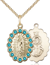 [2009FZCGF/18G] 14kt Gold Filled Our Lady of Guadalupe Pendant with Zircon Swarovski stones on a 18 inch Gold Plate Light Curb chain