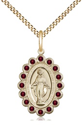 [2009GTGF/18G] 14kt Gold Filled Miraculous Pendant with Garnet Swarovski stones on a 18 inch Gold Plate Light Curb chain