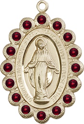 [2009GTKT] 14kt Gold Miraculous Medal with Garnet Swarovski stones