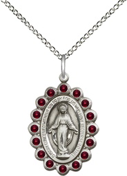 [2009GTSS/18SS] Sterling Silver Miraculous Pendant with Garnet Swarovski stones on a 18 inch Sterling Silver Light Curb chain