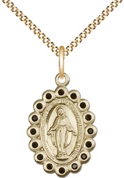 [2009JTGF/18G] 14kt Gold Filled Miraculous Pendant with Jet Swarovski stones on a 18 inch Gold Plate Light Curb chain