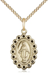 [2009JTGF/18G] 14kt Gold Filled Miraculous Pendant with Jet Swarovski stones on a 18 inch Gold Plate Light Curb chain