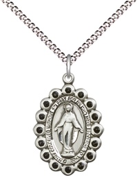 [2009JTSS/18S] Sterling Silver Miraculous Pendant with Jet Swarovski stones on a 18 inch Light Rhodium Light Curb chain